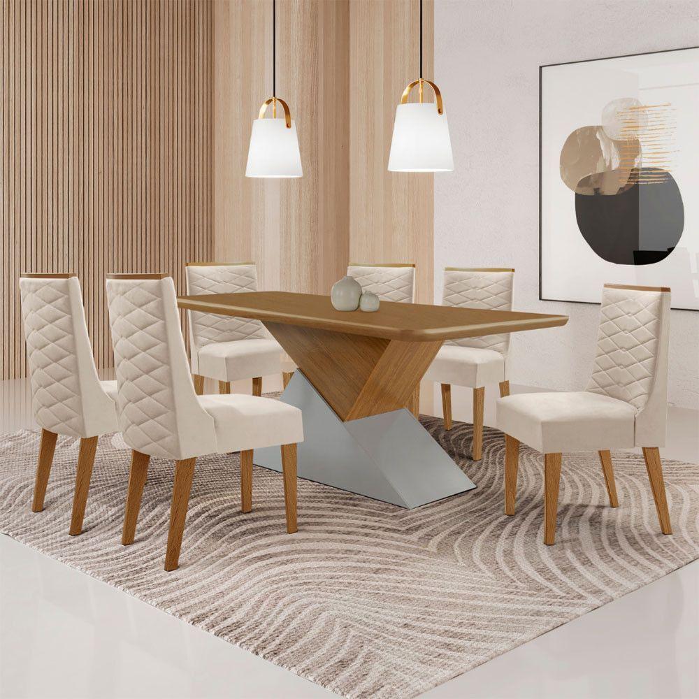 Mesa Sala De Jantar Aster 180cm E 6 Cadeiras Safira Moderna Veludo Creme/off White/imbuia - 1
