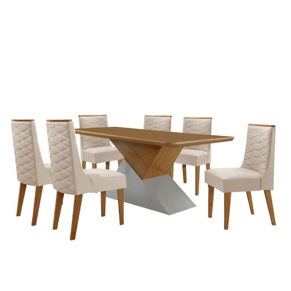 Mesa Sala De Jantar Aster 180cm E 6 Cadeiras Safira Moderna Veludo Creme/off White/imbuia - 2