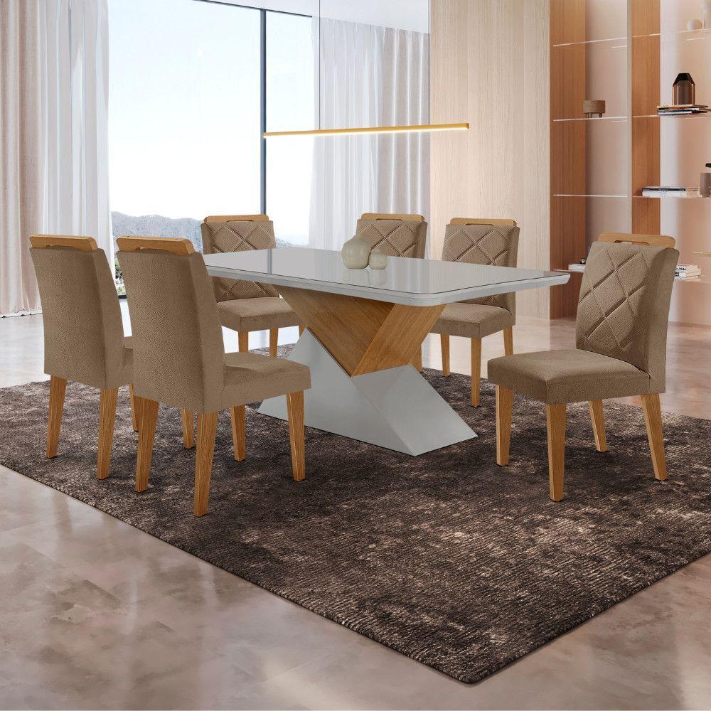 Mesa Sala De Jantar Aster 180cm E 6 Cadeiras Melissa Moderna Veludo Capuccino Off White Imbuia - 1