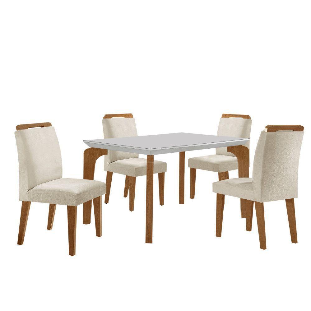 Conjunto Mesa Liz 120cm Com Vidro 4 Cadeiras Athenas Moderna Veludo Creme Off White Imbuia - 1