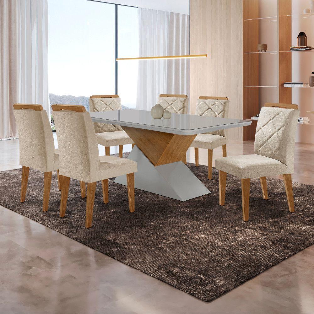 Mesa Sala De Jantar Aster 180cm E 6 Cadeiras Melissa Moderna Veludo Creme/off White/imbuia - 1