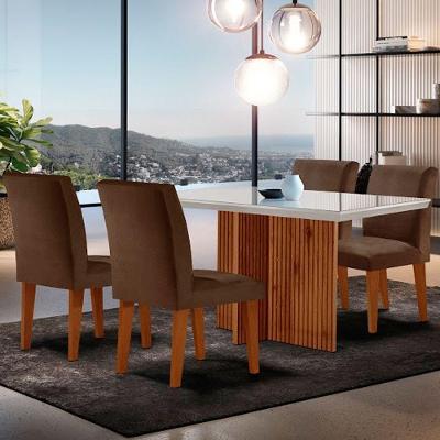 Sala de Jantar Olimpia 4 Lugares Mesa com Tampo de Vidro e Cadeiras em MDF Marrom Off White Imbuia