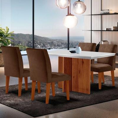 Sala de Jantar Olimpia 4 Lugares Tampo MDF com Cadeiras Grecia Estofadas Marrom Off White Imbuia