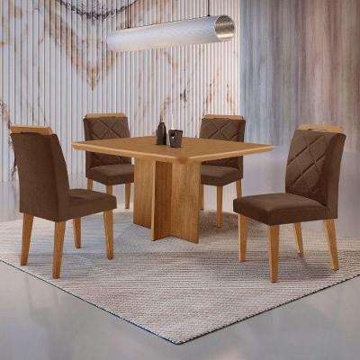 Mesa Olimpia 90 Mdf Canto Copo E Com 4 Cadeiras Melissa Veludo Marrom Naturalle