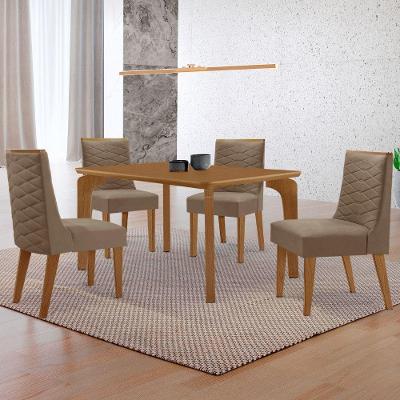 Mesa Liz 120 Mdf Canto Copo E Com 4 Cadeiras Safira Veludo Capuccino Naturalle