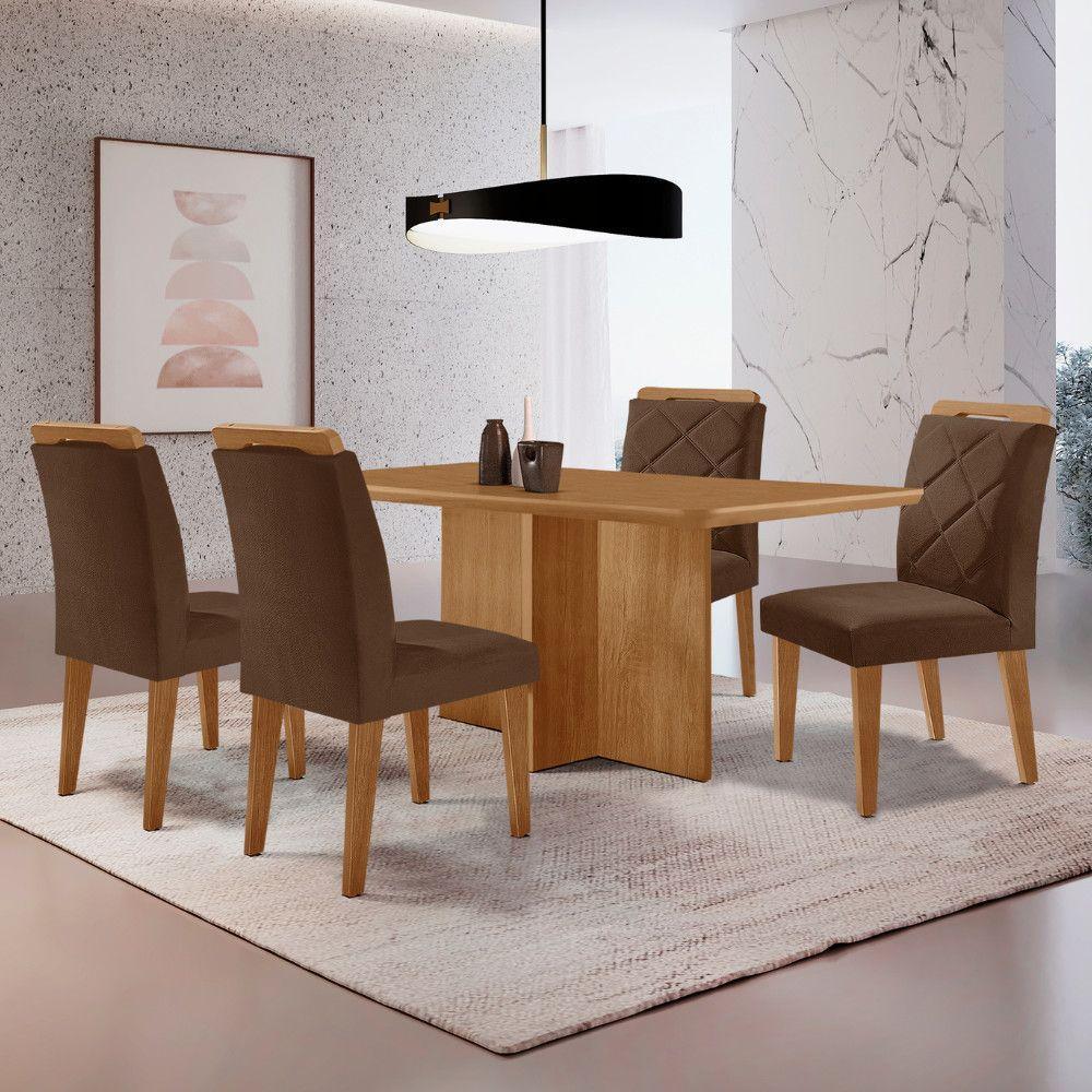 Mesa Olimpia 120 Mdf Canto Copo E Com 4 Cadeiras Melissa Veludo Marrom Naturalle - 1