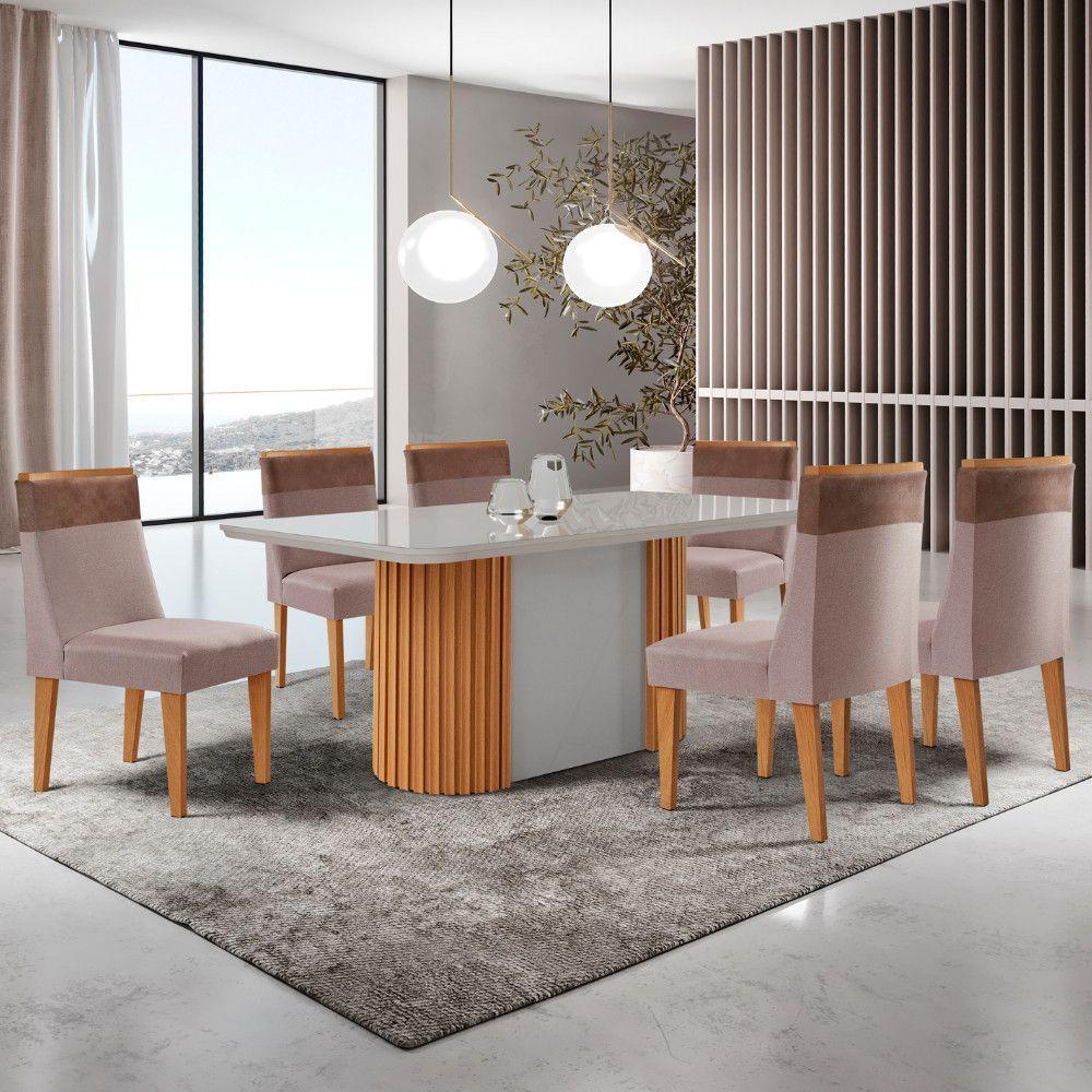 Mesa De Jantar Aspen 180cm Tampo Mdf Vidro 6 Cadeiras Andes Linho Capuccino Tork Natural Off White Serigueira - 1