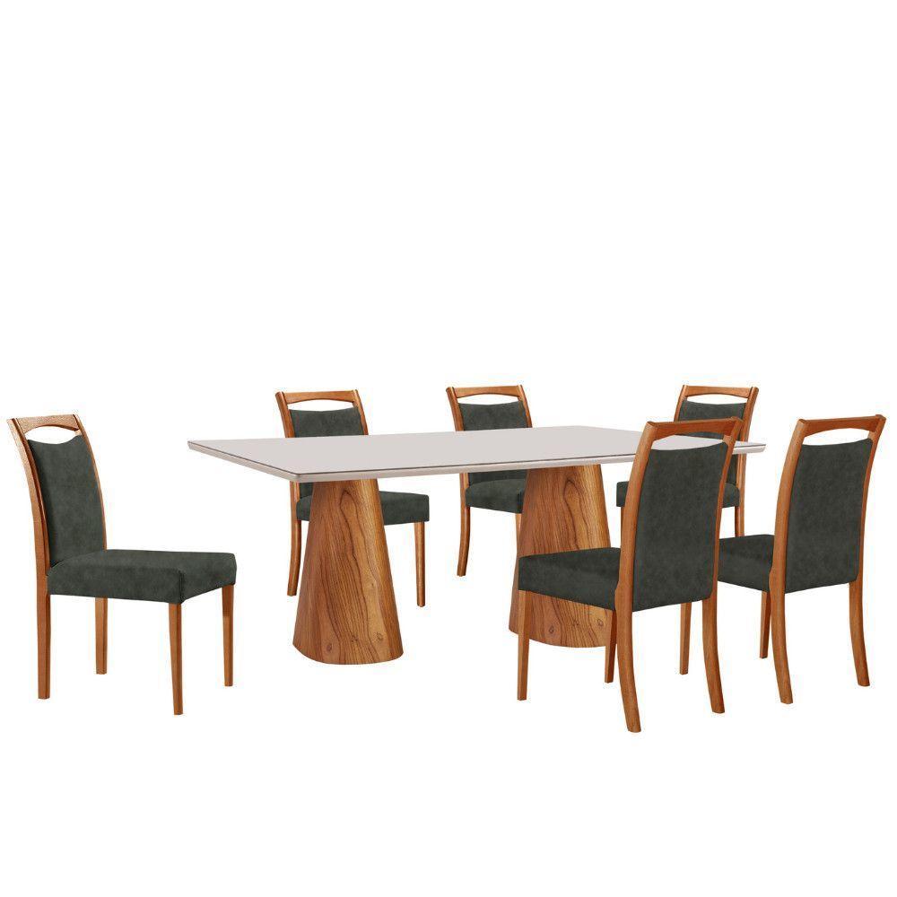 Mesa Noronha 180cm Tampo Com Vidro Laqueado Com 6 Cadeiras Jade Off White Imbuia Natural - 2