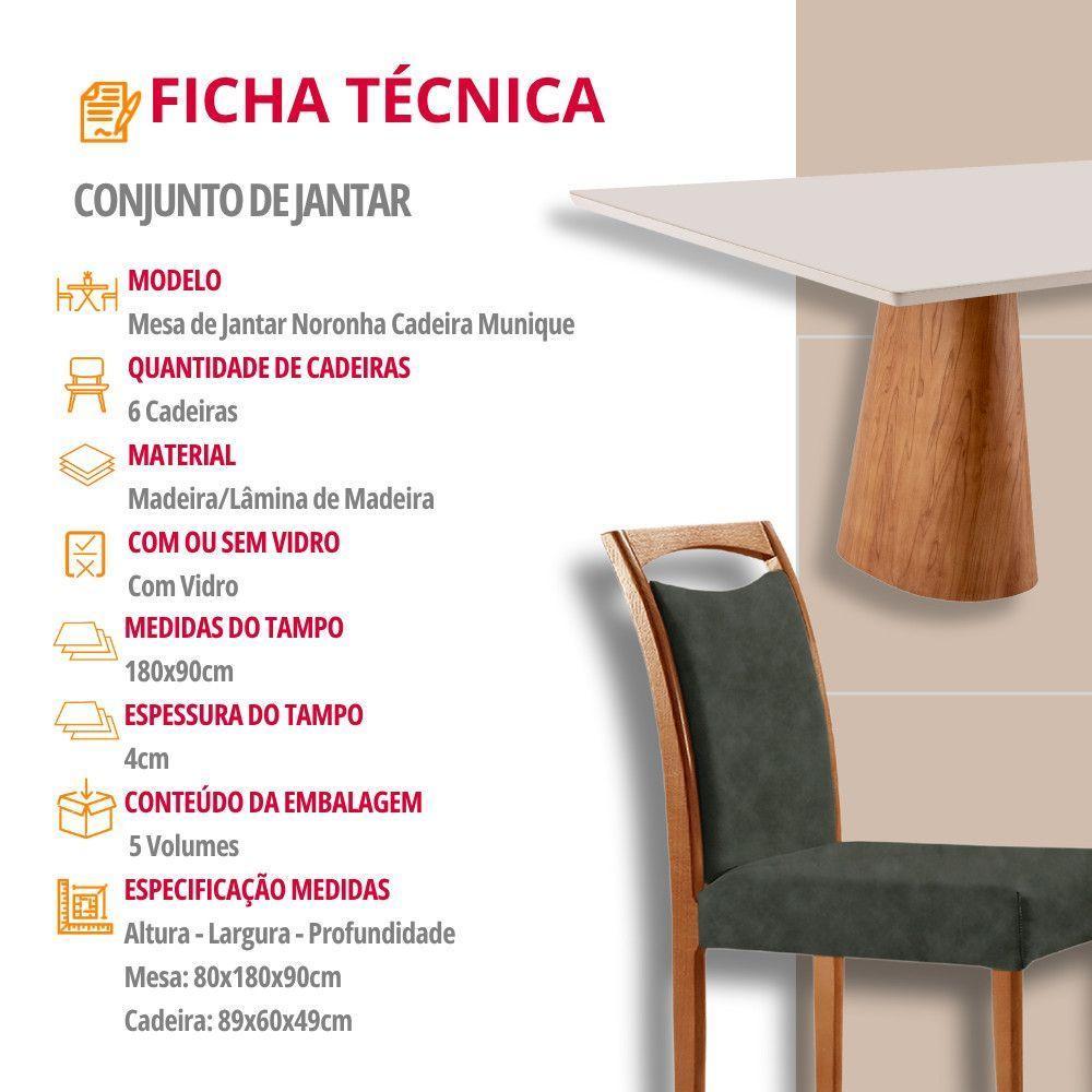 Mesa Noronha 180cm Tampo Com Vidro Laqueado Com 6 Cadeiras Jade Off White Imbuia Natural - 7