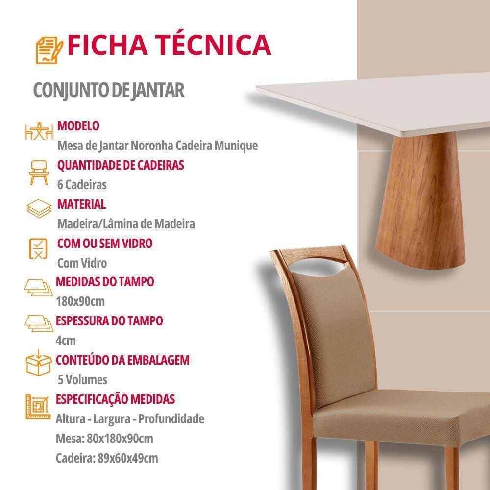 Mesa Noronha 180cm Tampo Com Vidro Laqueado Com 6 Cadeiras Linho Palha Imbuia Natural Off White - 6