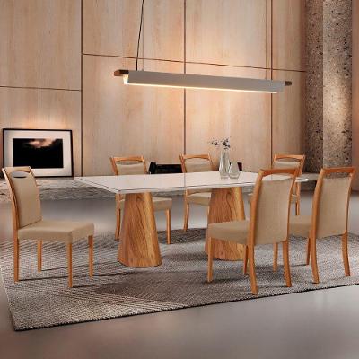 Mesa Noronha 180cm Tampo Com Vidro Laqueado Com 6 Cadeiras Linho Palha Imbuia Natural Off White