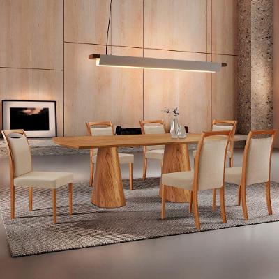 Mesa Noronha 180cm Tampo Laminado Barril Com 6 Cadeiras Livi Linho Premium Imbuia Natural