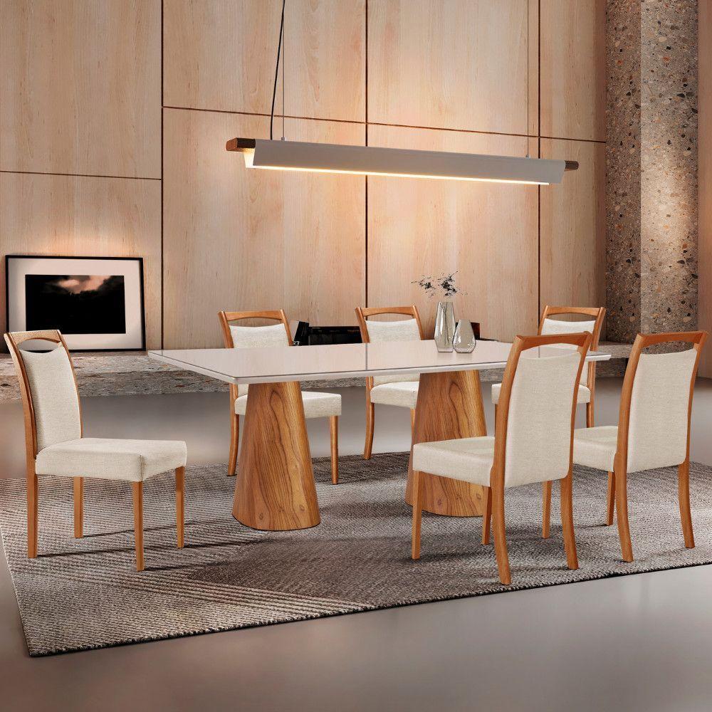 Mesa Noronha 180cm Tampo Com Vidro Laqueado Com 6 Cadeiras Linho Off White Imbuia Natural - 1