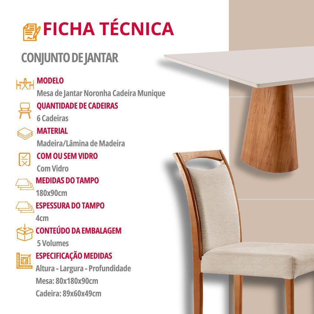 Mesa Noronha 180cm Tampo Com Vidro Laqueado Com 6 Cadeiras Linho Off White Imbuia Natural - 7