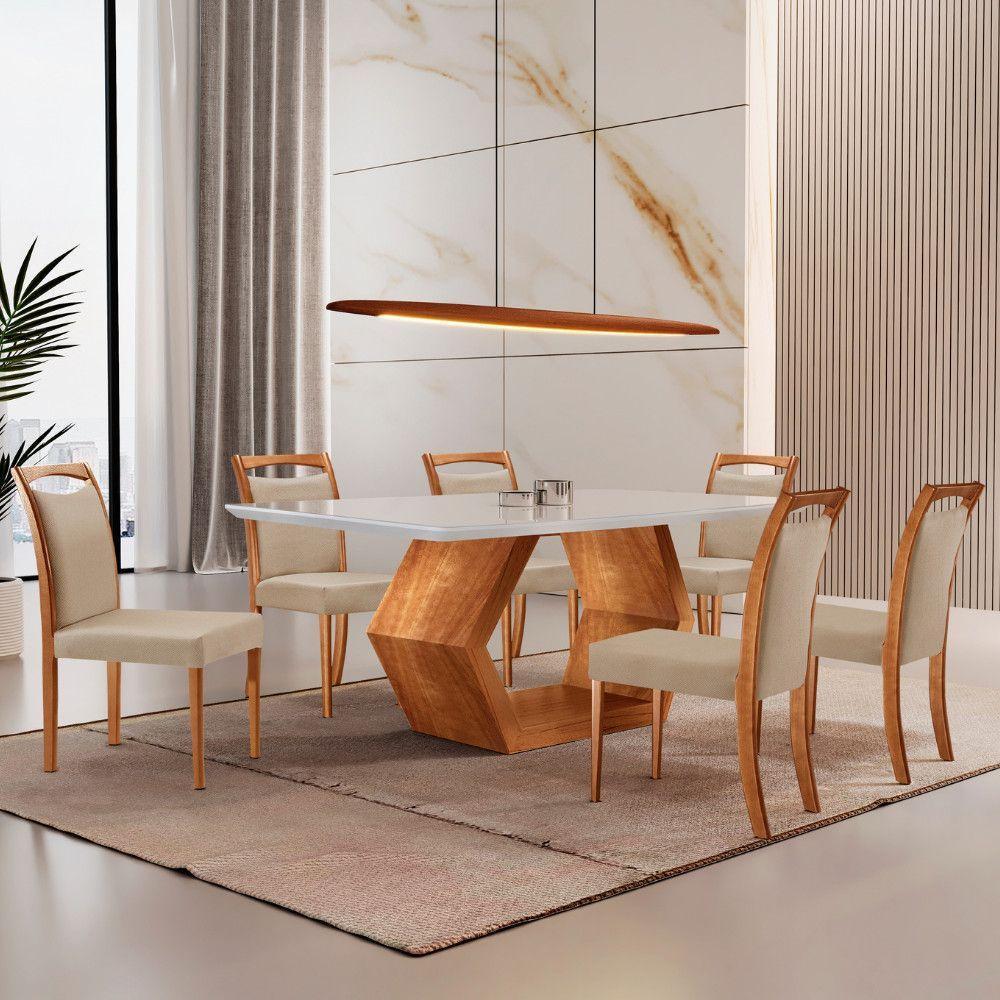 Mesa Ane 180 Tampo Com Vidro Laqueado Com 6 Cadeiras Livia Linho Premuim Imbuia Natural Off White - 1