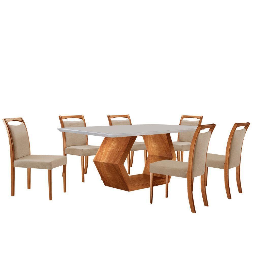 Mesa Ane 180 Tampo Com Vidro Laqueado Com 6 Cadeiras Livia Linho Premuim Imbuia Natural Off White - 2