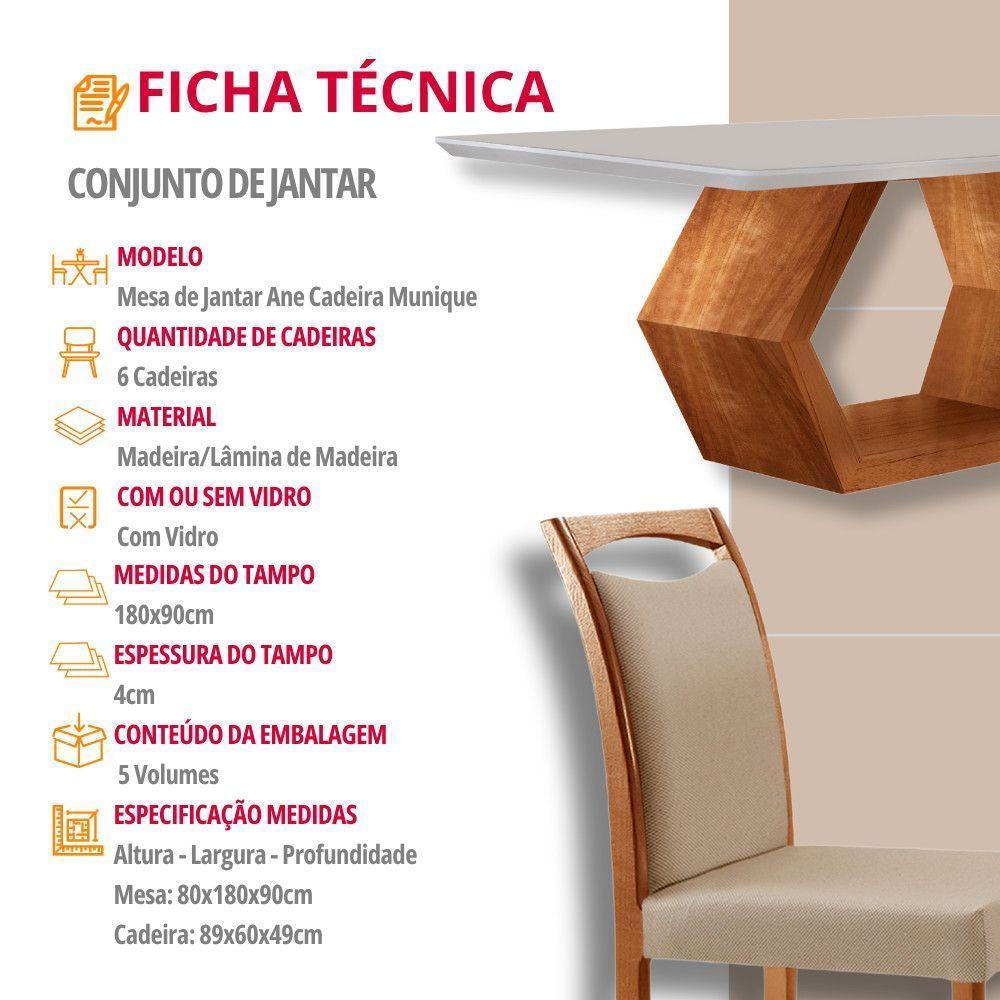 Mesa Ane 180 Tampo Com Vidro Laqueado Com 6 Cadeiras Livia Linho Premuim Imbuia Natural Off White - 3
