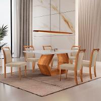 Mesa Ane 180 Tampo Com Vidro Laqueado Com 6 Cadeiras Livia Linho Premuim Imbuia Natural Off White - 1