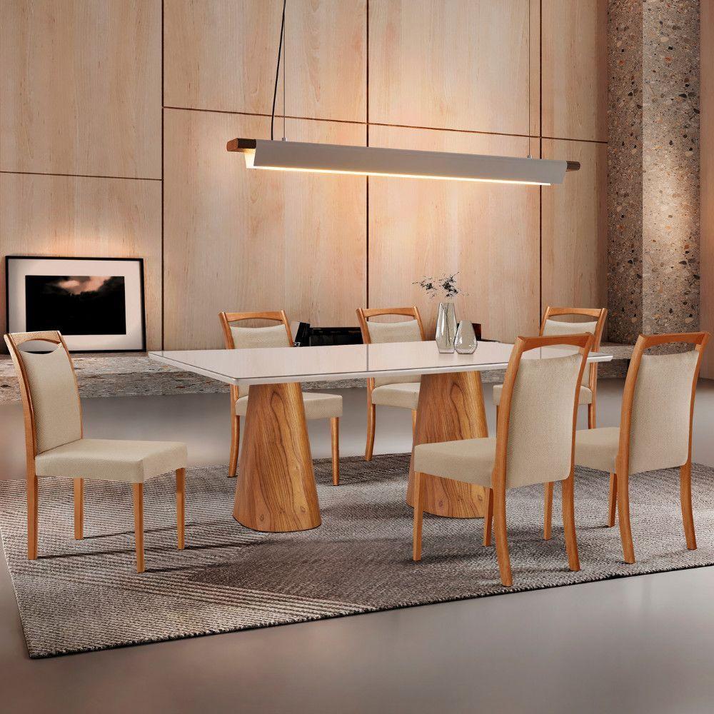 Mesa Noronha 180cm Tampo Com Vidro Laqueado Com 6 Cadeiras Linho Premuim Imbuia Natural Off White - 1