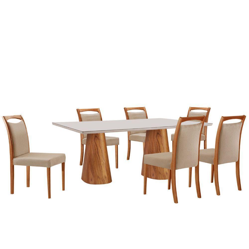 Mesa Noronha 180cm Tampo Com Vidro Laqueado Com 6 Cadeiras Linho Premuim Imbuia Natural Off White - 2