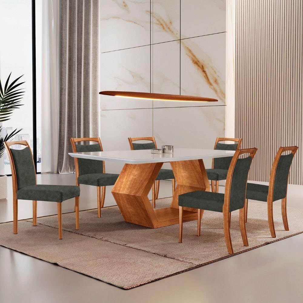 Mesa Ane 180 Tampo Com Vidro Laqueado Com 6 Cadeiras Livia Jade Off White Imbuia Natural - 1