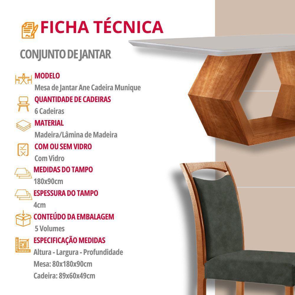 Mesa Ane 180 Tampo Com Vidro Laqueado Com 6 Cadeiras Livia Jade Off White Imbuia Natural - 7