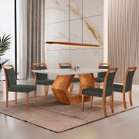 Mesa Ane 180 Tampo Com Vidro Laqueado Com 6 Cadeiras Livia Jade Off White Imbuia Natural - 1