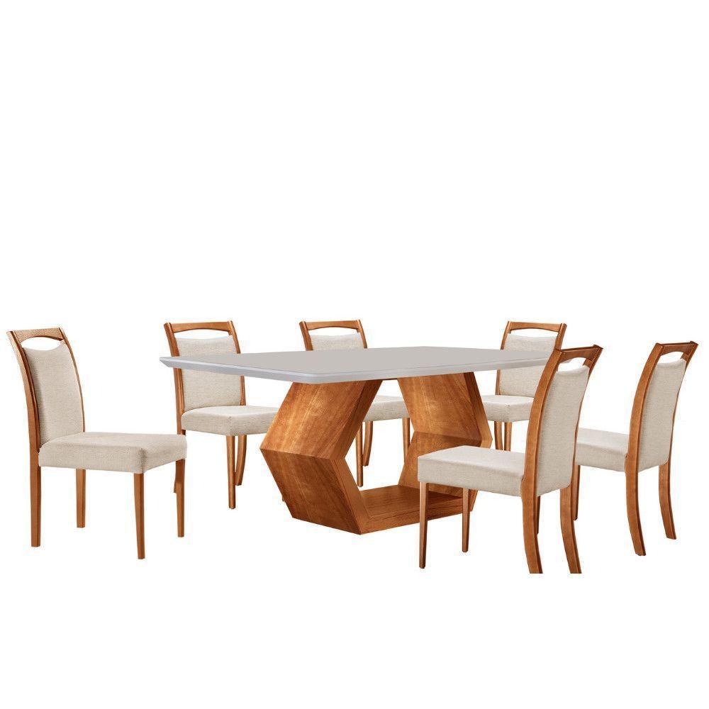 Mesa Ane 180 Tampo Com Vidro Laqueado Com 6 Cadeiras Livia Linho Off White Imbuia Natural - 2