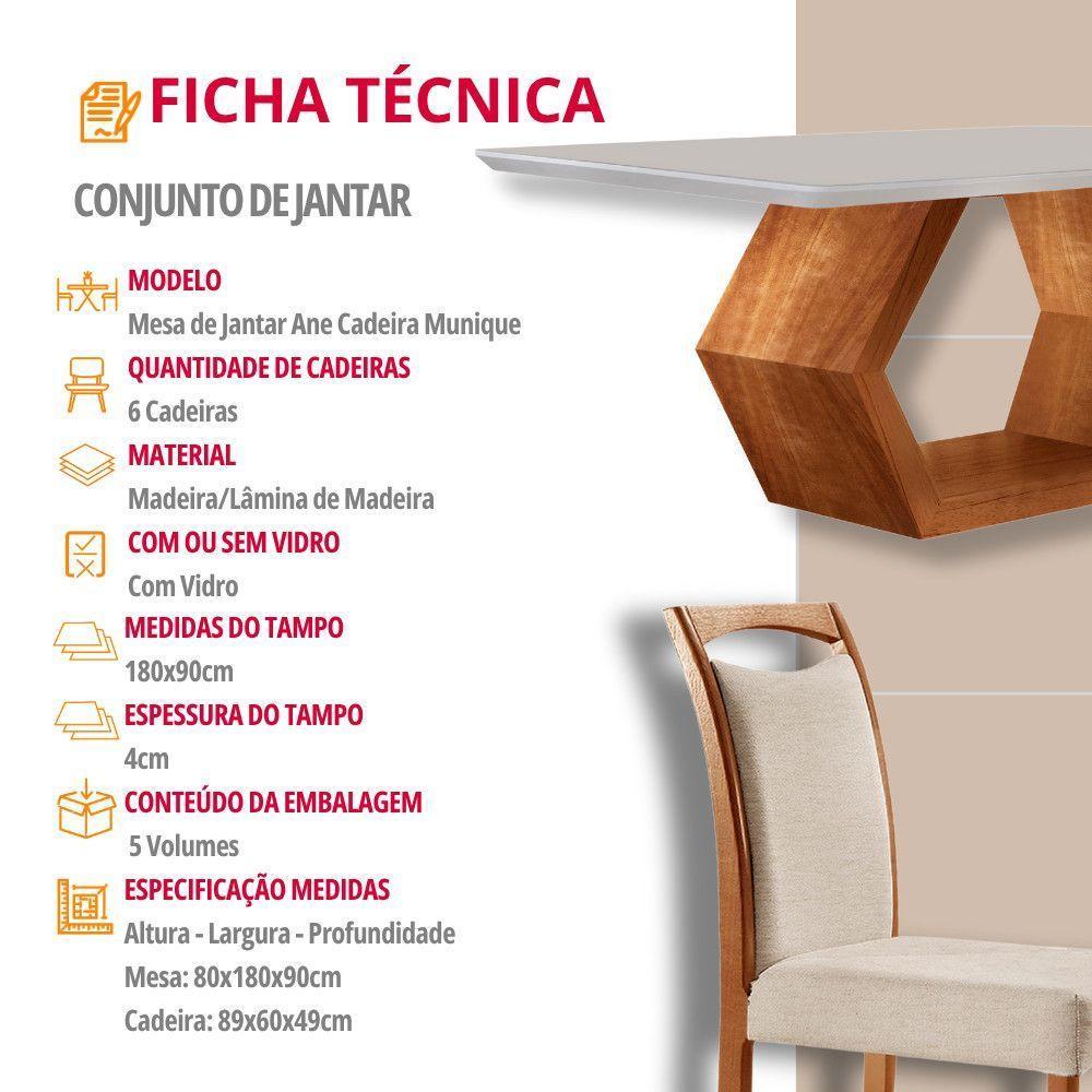 Mesa Ane 180 Tampo Com Vidro Laqueado Com 6 Cadeiras Livia Linho Off White Imbuia Natural - 7