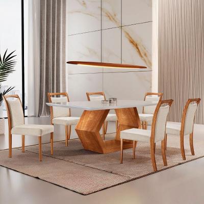 Mesa Ane 180 Tampo Com Vidro Laqueado Com 6 Cadeiras Livia Linho Off White Imbuia Natural