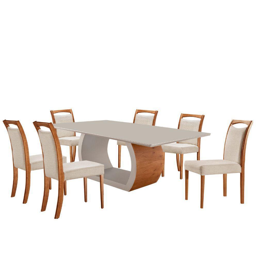 Mesa Zeus 180cm Tampo Com Vidro Laqueado Com 6 Cadeiras Linho Off White Imbuia Natural - 3