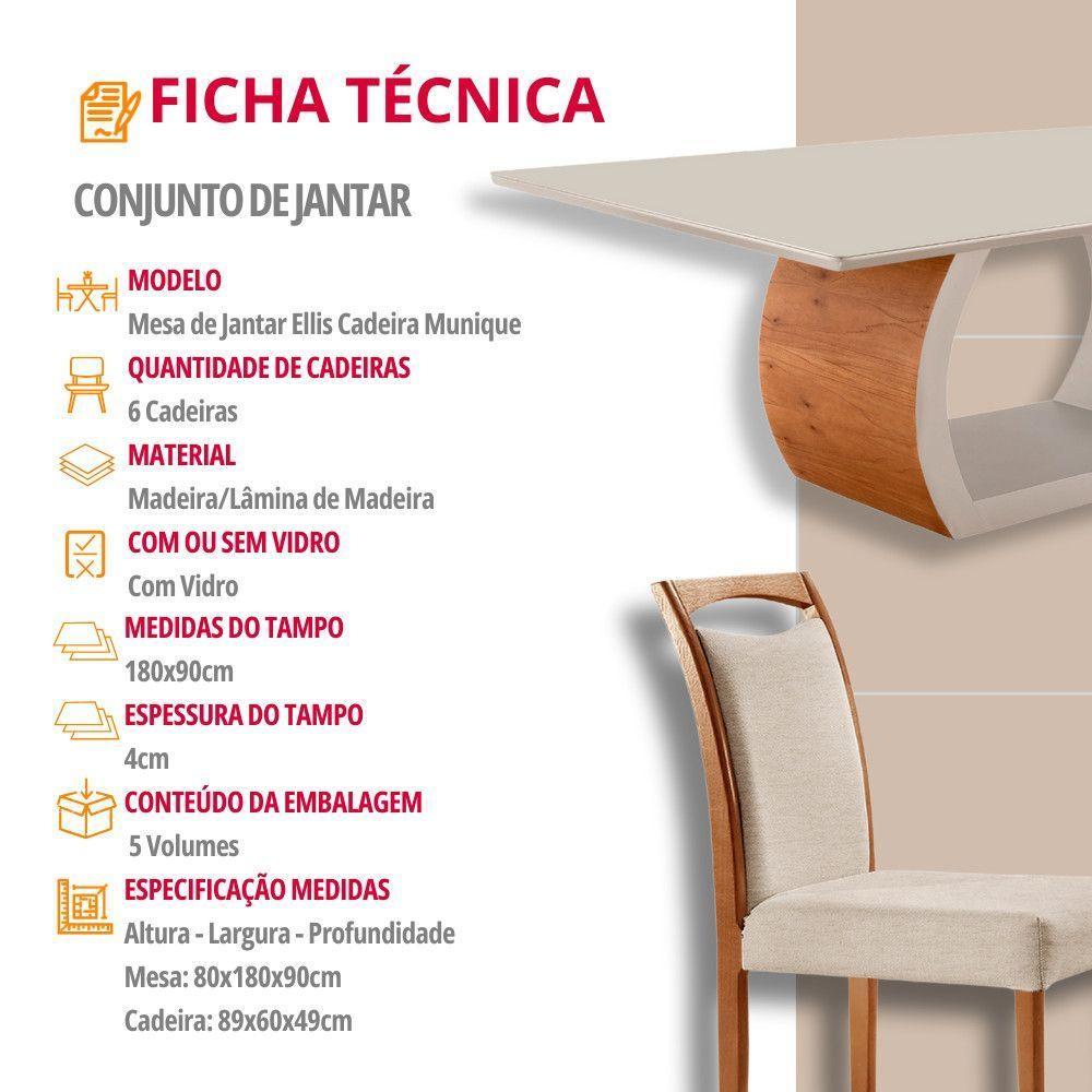 Mesa Zeus 180cm Tampo Com Vidro Laqueado Com 6 Cadeiras Linho Off White Imbuia Natural - 6