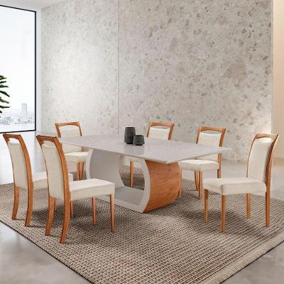 Mesa Zeus 180cm Tampo Com Vidro Laqueado Com 6 Cadeiras Linho Off White Imbuia Natural