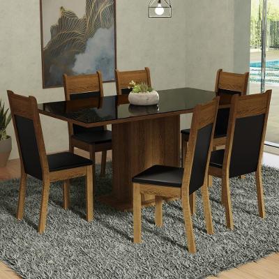 Conjunto de Jantar Francine 6 Lugares Tampo de Vidro com Cadeiras Estofadas Preto Rustic