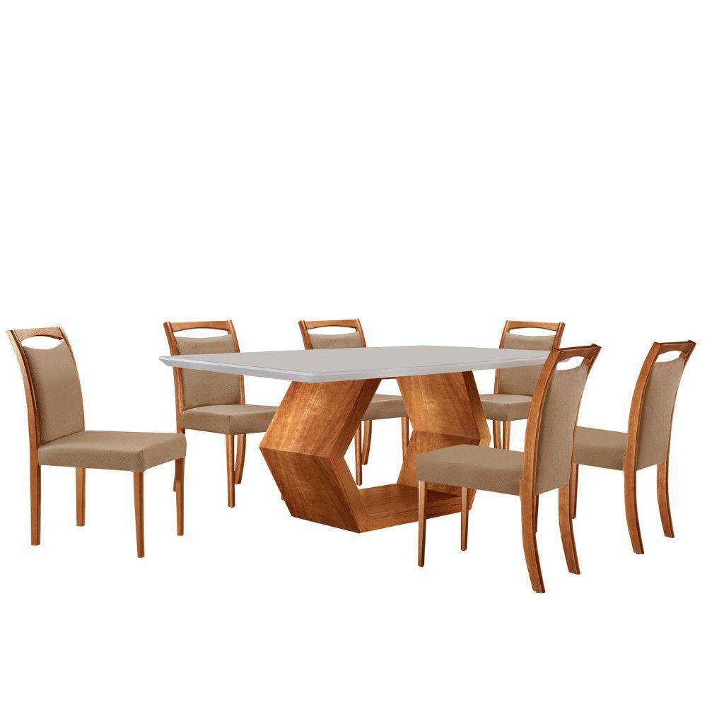 Mesa Ane 180 Tampo Com Vidro Laqueado Com 6 Cadeiras Livia Linho Palha Imbuia Natural Off White - 2