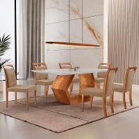 Mesa Ane 180 Tampo Com Vidro Laqueado Com 6 Cadeiras Livia Linho Palha Imbuia Natural Off White - 1