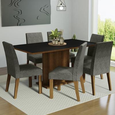 Conjunto Sala de Jantar Renata 6 Lugares Mesa em MDP com Cadeiras Suede Rustic Preto Silver