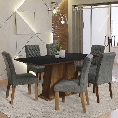 Conjunto Sala de Jantar Britney 6 Lugares Tampo em MDP com Cadeiras Estofadas Rustic Preto Silver