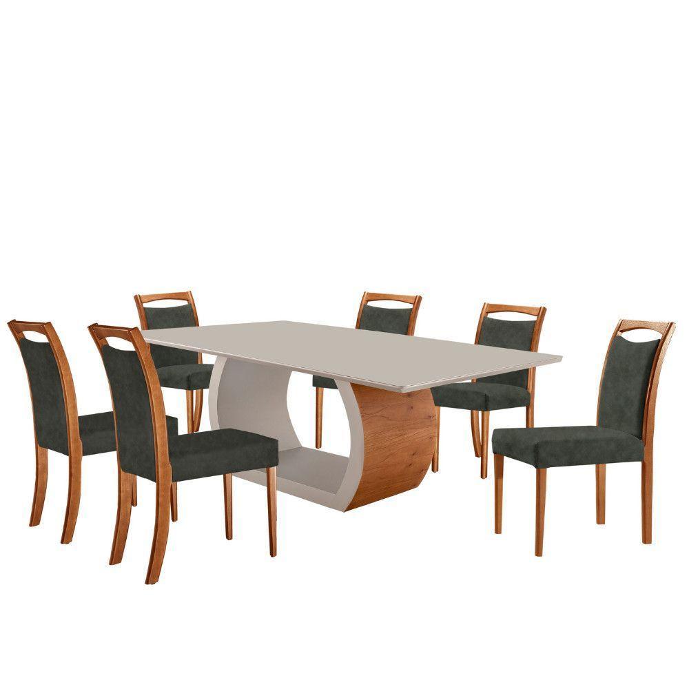 Mesa Ellis 180cm Tampo Laqueado Com Vidro Com 6 Cadeiras Munique Jade /off White/imbuia Nat - 2