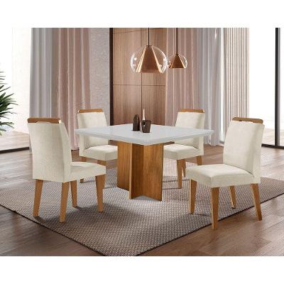 Conjunto de Jantar Olimpia 4 Lugares Tampo MDF com Cadeiras Athenas Veludo Creme Off White Imbuia