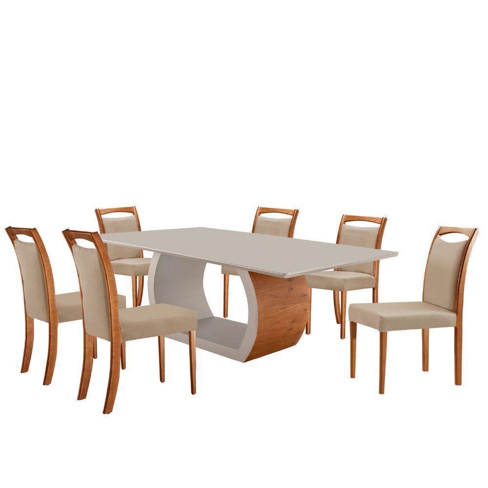 Mesa Ellis 180cm Tampo Laqueado Com Vidro Com 6 Cadeiras Munique Linho Premuim/imbuia Nat./off White - 2