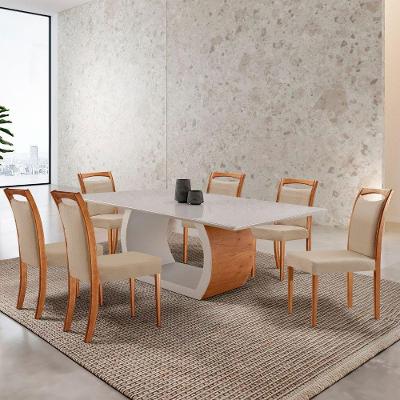 Mesa Ellis 180cm Tampo Laqueado Com Vidro Com 6 Cadeiras Munique Linho Premuim/imbuia Nat./off White