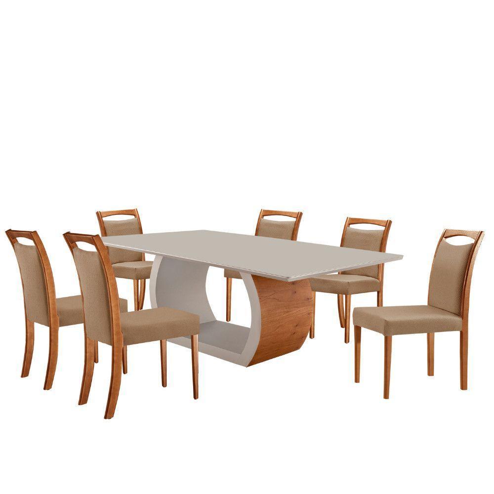 Mesa Ellis 180cm Tampo Laqueado Com Vidro Com 6 Cadeiras Munique Linho Palha/imbuia Natural/off White - 2