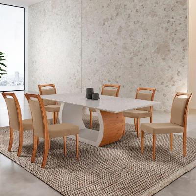 Mesa Ellis 180cm Tampo Laqueado Com Vidro Com 6 Cadeiras Munique Linho Palha/imbuia Natural/off White