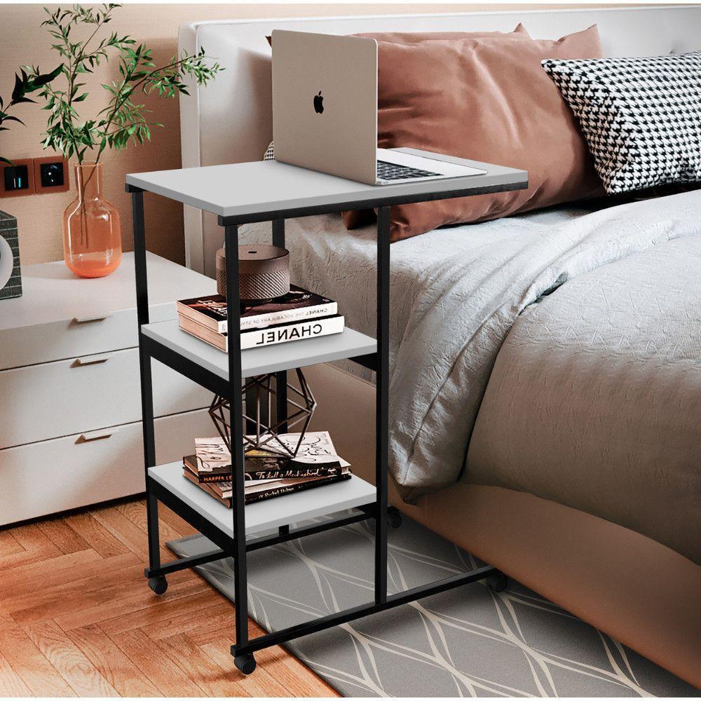 Mesa Escrivaninha Office Auxiliar Com Rodízios Em Aço E Mdf Preto / Branco - 2