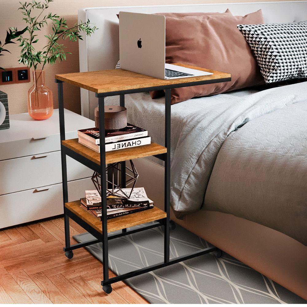 Mesa Escrivaninha Office Auxiliar Com Rodízios Em Aço E Mdf Preto/canela - 2