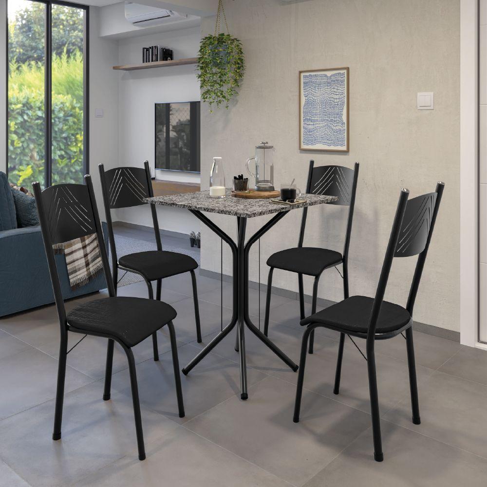 Conjunto De Mesa Sala De Jantar Thais Com 4 Cadeiras Granito Tubular Artefamol Preto - 2