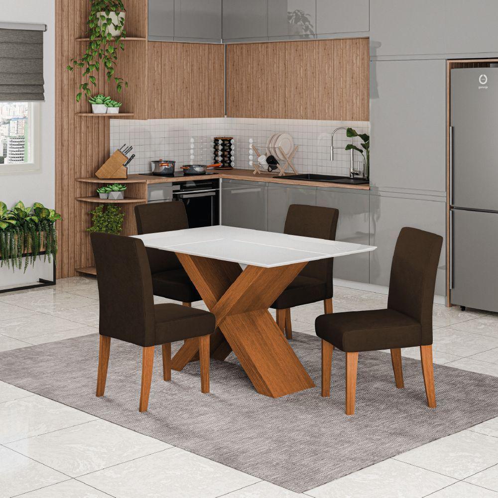 Conjunto De Mesa Sala De Jantar Tampo Com Vidro 1,36m Grécia 4 Cadeiras Trieste Dobuê Madeirado/chocolate - 2