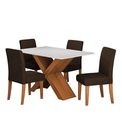 Conjunto de Jantar Grécia Trieste 4 Lugares Tampo em MDF com Vidro Temperado Amadeirado 136cm