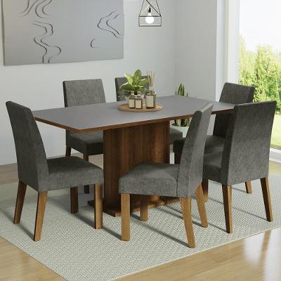 Conjunto Sala de Jantar Renata Mesa 6 Lugares Tampo em MDP com Cadeiras Suede Rustic Cinza Silver